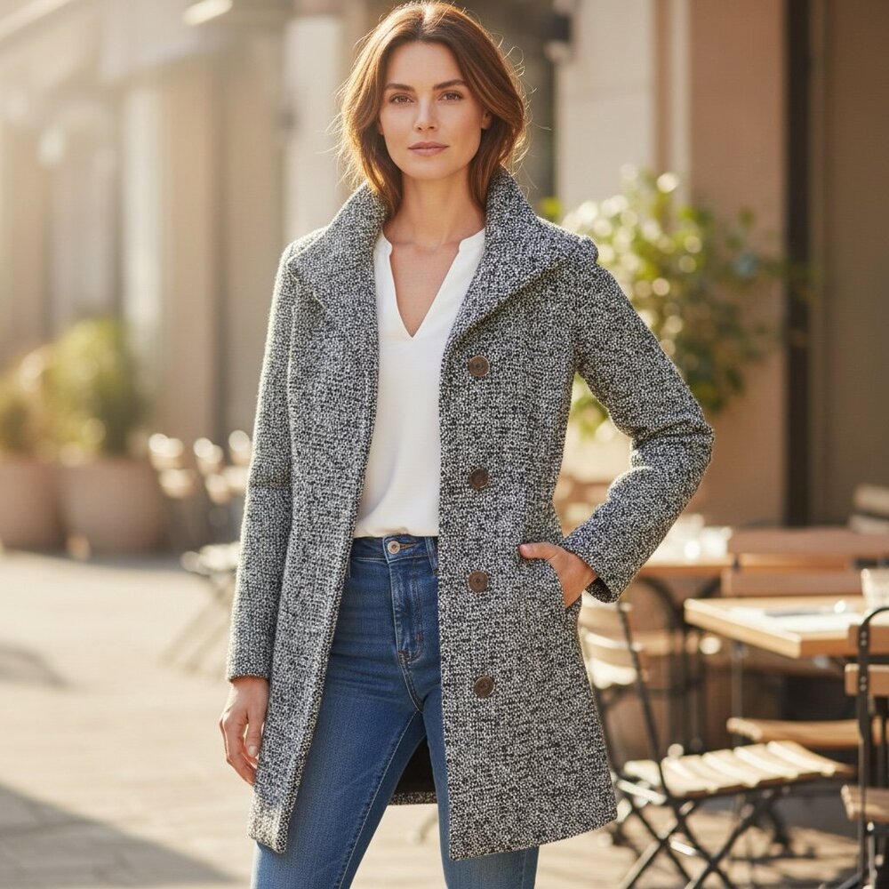 J. Crew Factory Wool Blend Tweed City Pea Coat Sz‎ 00 Black White #246G